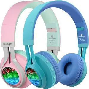Riwbox 2 Packs WT-7S Kids Headphones Wireless, Foldable Stereo Bluetooth Headset with Mic Compatible with PC/Laptop/Tablet/iPad Pink&Blue