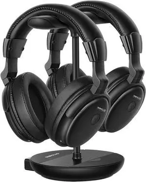 SIMOLIO Dual Wireless Headphones for TV Watching w/ 2.4G Transmitter & Charging Stand & Spare Battery, Dialog Clarifying, By-pass, Tone & Balance Control, Clear Voice for Seniors, 100FT Range, SM829D2