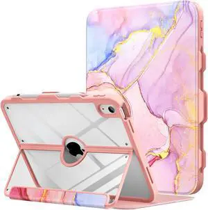 MoKo for iPad 11-inch (A16) 11th Generation Case 2025/ iPad 10th Generation Case with Pencil Holder 2022 10.9 inch, Built-in Screen Protector Clear Back, Multi Angle Viewing Stand, Pink Gold Marble