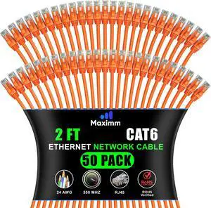 Maximm Cat 6 Ethernet Cable 2 ft (50-Pack) - High-Speed LAN Cable, Internet Cable, Patch Cable, and Network Cable - UTP, 10Gbps, 550MHz Ethernet Cord - Orange