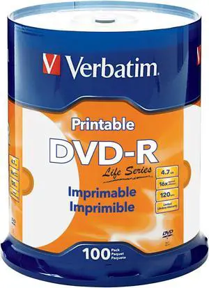 Verbatim(r) Life Series DVD-R Printable Disc Spindle, Pack Of 100