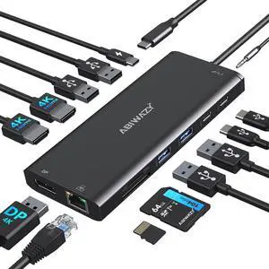 USB C Docking Station 3 Monitors USBC Hub Laptop Dual Monitor Multiport Adapter Dock Dongle,USBC to 2 HDMI,4K DisplayPort,PD Charging,Ethernet,7 USB-C/A Ports,SD/TF,Audio for Dell/HP/Lenovo(Black)