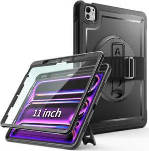 Ambison Case for iPad Pro 11 inch 2024,Full-Body Protective Rugged iPad Pro 11 inch Case(M4,5th Generation)-Screen Protector,360° Rotating Sturdy Stand, Adjustable Handle Strap,Pencil Holder,Black