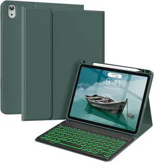 aoub Keyboard Case for iPad Air 11-Inch M3/M2 2025/2024, iPad Air 5th/4th Gen 2022/2020, 7 Color Backlit, Folio Detachable Wireless Bluetooth Keyboard Cover with Pencil Holder, Dark Green