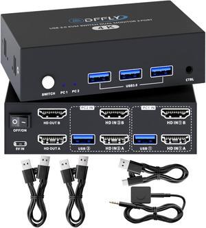 USB3.0 Switch HDMI Kvm Switch 2 Monitors 2 Computers with 3 USB Ports, 4K@60Hz for 2 Computers Sharing 2Monitors and Keyboard Mouse, Supports Wired Remote and Button Control, EDID Compatible
