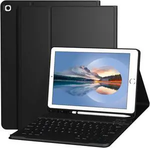 Divufus Keyboard Case for iPad 9.7 Inch 2018/2017 6th/5th Generation, Air 2/1 [Magnetic Detachable Wireless Keyboard][Support 3 System] Flip Stand Case with Pencil Holder for iPad 9.7, Black