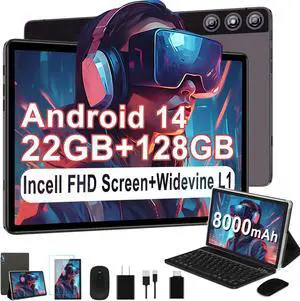 DMOAO Android Tablet 2025 Tablets with 22GB RAM+128GB ROM/ 1TB Expand, 8000mAh Battery, Octa-Core 2.0GHz CPU, 5G WiFi, GPS, 10.1 Inch FHD IPS 2 in 1 Tablet PC with Keyboard/Mouse-Gray