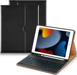 DTTO for iPad 9th/8th/7th Generation 10.2 Inch Case 2021/2020/2019 with Keyboard, 7 Colors Backlit Wireless Detachable Keyboard Premium Leather Folio Cover with Pencil Holder & Pocket, Black