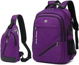 FENGDONG Large Laptop Backpack 17.3 inch Waterproof Travel College Backpack Bookbag,Crossbody Sling Bags for Men & Women Business Backpack Dark Purple