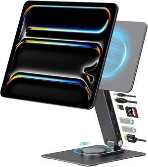GEWOKLIY iPad Pro Magnetic Stand Hub for iPad Pro 13 inch (M4) 2024, Foldable Stand Dock Holder with 360 Rotation, 4K HDMI, Card Readers, USB3.0 5Gbps, 100W PD, 3.5mm Audio