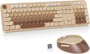 GTSP Retro Wireless Typewriter Keyboard and Mouse Combo, 2.4GHz Full-Size Cute Office Computer Keyboard with Round Keycaps for Desktop Laptop and PC (Colorful Brown)