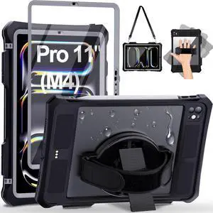 Case for iPad Pro 11 Inch 2024 5th Generation with Screen Protector, Waterproof Case for iPad Pro 11 M4 2024 with Pencil Holder & Stand & Shoulder Strap & Handle, Full-Body Rugged Cover, Black