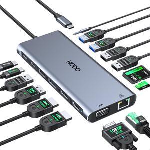 HODO USB C HUB Multiport Adapter Docking Station USB C to 2 HDMI 4K@60Hz+DP 8K@30Hz+VGA+6 USB C/A Ports+PD 100W+Ethernet+SD/TF+Audio 15-in-1 Dongle Quad Display for Dell/HP/Lenovo Laptops