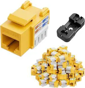 iwillink 10Gbps Cat6 Keystone Jack and Punch-Down Stand, 50-Pack, RJ45 Ethernet Keystone Jacks, 90-Degree UTP Modular Punch Down Keystone Jack Adapter, Yellow