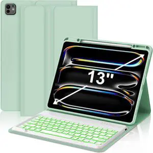 JADEMALL Keyboard Case for iPad Pro 13 inch (M4) 7th Generation 2024, Wireless Bluetooth, 7 Colors Backlit Detachable Keyboard with Pencil Holder, Sleep/Wake Synthetic Leather Folio, Grass Green