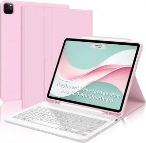 iPad Air 13 inch Case with Keyboard (M2, 2024), Detachable Wireless Bluetooth Keyboard, Slim Folio Cover with Apple Pen Holder for iPad 12.9" 6th 2022/5th 2021/4th 2020/3rd 2018, Auto Sleep/Wake Pink