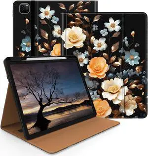 Jarviwiin Case for iPad Pro 12.9 6th/5th/4th/3rd Generation 2022/2021/2020/2018, PU Leather 12.9" Cover with Pencil Holder/Multi-Angle Stand/Pocket, Auto Wake/Sleep,Flower Gold