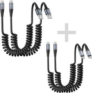 2 Pack 3ft Coiled USB-A to Lightning Cable + 2 Pack 3ft USB Type-C to Lightning Cable, iPhone Charger Cable for Car, [Apple MFi Certified] Lightning Cord Compatible with iPhone 14/13/12/11