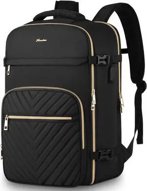 KROSIAS Travel Backpack for Women, Carry On Backpack for Airplanes Flight Approved, Waterproof Large Weekender Overnight Bag Fit 18.4 Inch Laptop with USB Charging Port, Black