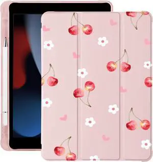 Cute Cherry Floral Heart for iPad Pro 11 Inch Case 4th/3rd/2nd Generation 2022/2021/2020 with Pencil Holder, Auto Sleep/Wake, Pink Leather Soft TPU Back Cover