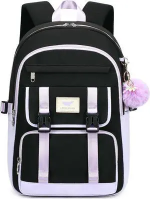 LXYGD Backpack for Girls with Cute Accessories,Bookbag for Women College Middle High School Teen Students Travel Daypack Gifts (Black Purple)