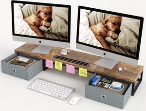 Dual Monitor Stand Riser with 2 Drawers - 39Inch Large Storage Computer Monitor Stands for 2 Monitors, Wooden Desktop Organizer Perfect for Home Office Desk, Computer, Laptop, TV, Rustic Brown