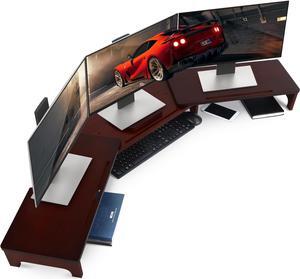 Nnewvante Large Dual Monitor Stand Riser, 60 inch Bamboo Monitor Stand with Adjustable Length and Angle, 3 Shelves Desktop Screen Riser for Computer Laptop PC, Walnut