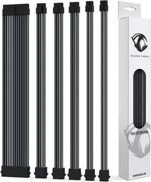 Reaper Cable Sleeved PSU Extension Set - Power Supply Extensions - 1x 24 Pin/ 2X 8 Pin/ 2X 6 Pin/ 1x 4+4 Pin - with Combs - 30cm (Carbon & Billet Grey)
