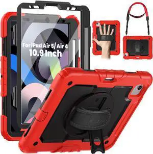 SEYMAC for iPad Air 5th/4th Generation Case, Full-Body Heavy Duty Protective Case with Rotating Stand, Screen Protector and Hand/Shoulder Strap, Red