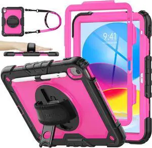 SEYMAC stock Case for iPad (A16) 11th/10th Generation 11''/10.9'' 2025/2022, Full-Body Drop Protection Case with Screen Protector &360° Rotate Hand Strap/Stand, Pink+Black