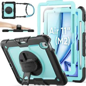 SEYMAC stock Case for iPad Air 11 inch Case M3/ M2 (2025/2024), for iPad Air 6th Generation, Heavy Duty Protective with Pencil Holder, Screen Protector, Stand, Hand Strap, Shoulder Strap, SkyBlue