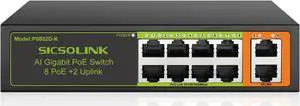 Gigabit 10-Port PoE+ Switch (8 PoE+ Ports, 2 Uplink), 802.3af/at, 120W Total Power, 1000Mbps, Unmanaged, Fanless, Metal Plug and Play, Suitable for IP Cameras, Networking Devices & Home Office.