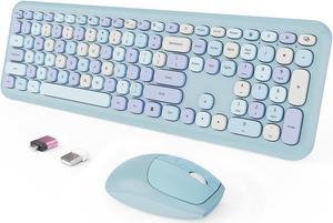 Wireless Keyboard and Mouse Combo, Colorful Ergonomic Full Size Retro Low-Noise Keyboard with Cute keycaps, Compatible with Windows, PC, Perfer for Home and Office Keyboards (Blue)