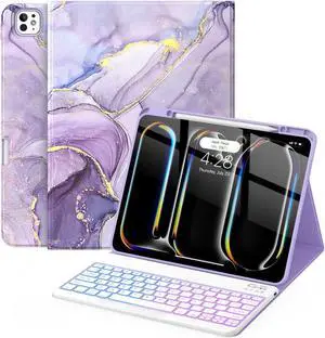 Soke Keyboard Case for iPad Pro 13 Inch (M4 2024), Magnetic Detachable Wireless Keyboard & 7 Colors Backlight Keys, Folio Stand TPU Back Cover with Pencil Holder for iPad Pro 13", Lilac Marble