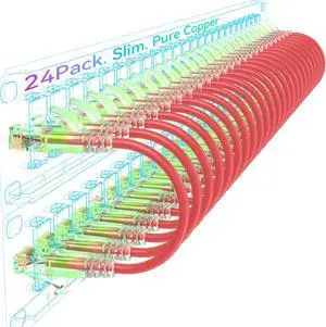 Sokqovt Cat6a Patch Cables Slim 5ft (24 Pack), Flexible Cat6 Ethernet Patch Cable 10G 550MHZ, 28AWG Pure Copper Cat6 Patch Cable for Network Cabinet, Cat 6 Patch Cable Red