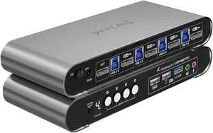 Terived 4 Computers and 1 Monitor DP USB 3.0 KVM Switch 4K@144Hz with Hotkey Switching and Audio Port, Digital Display Aluminum Body Cables inclued