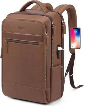 Tzowla Leather Laptop Backpack, Bag for Men and Women,Business Travel Work Rucksack Fits 15.6 Inch Laptop,Bookbag with USB and Type-C Charging Port-Black