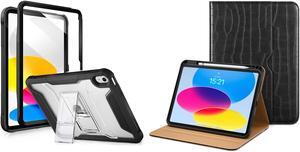 DTTOCASE iPad 10th Generation Kickstand Protective Black Case Bundle with Crocodile Leather Folio-Black