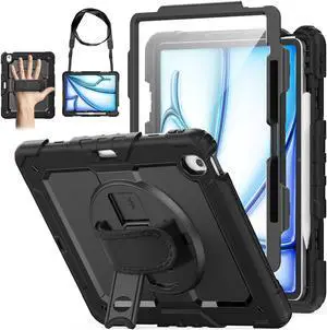 WEGLS Case for iPad Air 13 inch (M2) 2024/ Air 6th Generation Case with Screen Protector Pencil Holder, 360 Rotating Hand Strap & Stand, Protective Case for iPad Air 13 inch, Black