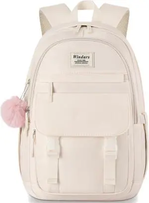 WINDARS School Backpack for Teen Girls, Cute College Backpacks for Women Students Aesthetic Bookbag Large 15.6 Inch Laptop Bag Middle School Travel Back Pack (Beige)