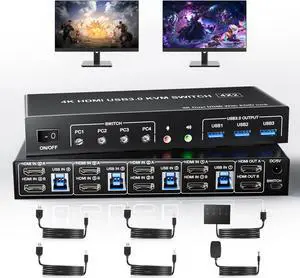 Yeemie Pro USB 3.0 HDMI Dual Monitors 4 Computers KVM Switch, Supports EDID, 4K@60Hz HDMI Dual Monitor Switch for 4 PCs with 3 USB3.0 and Audio Microphone Ports, 4 Port HDMI KVM Switch for 4PC