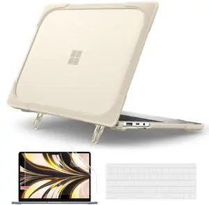 Batianda Heavy Duty Case for 12.4 inch Microsoft Surface Laptop Go 2 2022 / Laptop Go 3 2023 Release,Shockproof Protective Cover with Fold Kickstand for Enhanced Durability & Keyboard Cover, Khaki