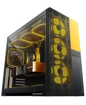Geometric Future M5 Vent, Mesh Panel Tempered Glass Mid Tower, E-ATX/ATX Gaming Case, High Airflow, Type C, Support 420/360 Rad, ARGB PWM 140mm Fan x 5 Pre-Installed, Black/Yellow, GEO-M5VF-BY