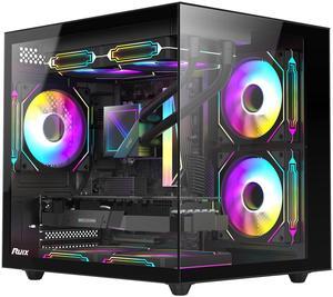 RUIX OV502 M-ATX Mini-Tower PC Case, Pre-Installed 3 x 120mm Prism ARGB PWM Fans, 180deg Panoramic Tempered Glass Panel, USB 3.0 Ports, Compact High-Airflow Gaming Computer Case - Black