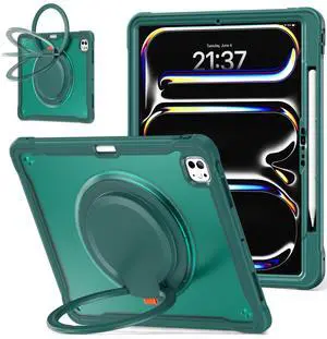 Batianda iPad Pro 13 inch Case 2024 M4 Chip Lightweight Dual-Layer Protective Tablet Cover, Durable Shock-Absorbing Corners with 360deg Rotating Retractable Kickstand Ring Built-in Pen Slot, Teal