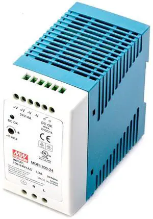 Mean Well MDR-100-24 96W 24V 4A Industrial Power Supply - 86% Efficiency, AC/DC Converter, DIN Rail Mount, ZCS/ZVS, 150mVp-p Ripple, 85-264VAC Input, DC Power Supply for Industrial Automation