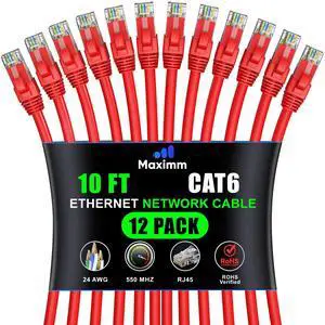 Maximm Cat 6 Ethernet Cable - 10 ft (12-Pack) - High-Speed LAN, Internet, Patch, and Network Cable - UTP, 10Gbps, 550MHz Ethernet Cord - Red