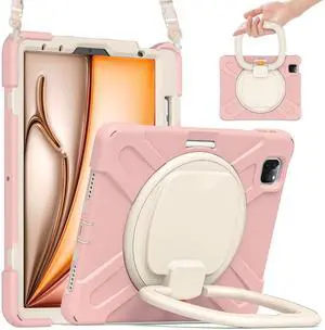 Batianda Case for iPad Air 11 inch 2025 2024 M3/M2 Chip Heavy Duty Rugged Durability Silicone Tablet Cover with 360deg Rotating Ring Foldable Kickstand & Shoulder Strap, Pink