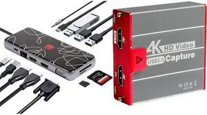 Mirabox HSV3202 USB3.0 4K HDMI Video Capture Card + HSV1521 USB C Docking Station 12 in 1 Triple Display