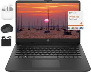 HP New 14" HD Ultral Light Thin Laptop, Quad-Core Intel Celeron Processor, 4GB RAM, 192GB (128GB eMMC+ 64GB Card), Wi-Fi, Upto 11 Hours, Windows 11 S + 1 Year Office 365+HubxcelAccessory, Black